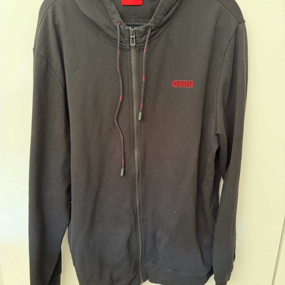 HUGO Black Zip-Up Hoodie with Red Logo Detail